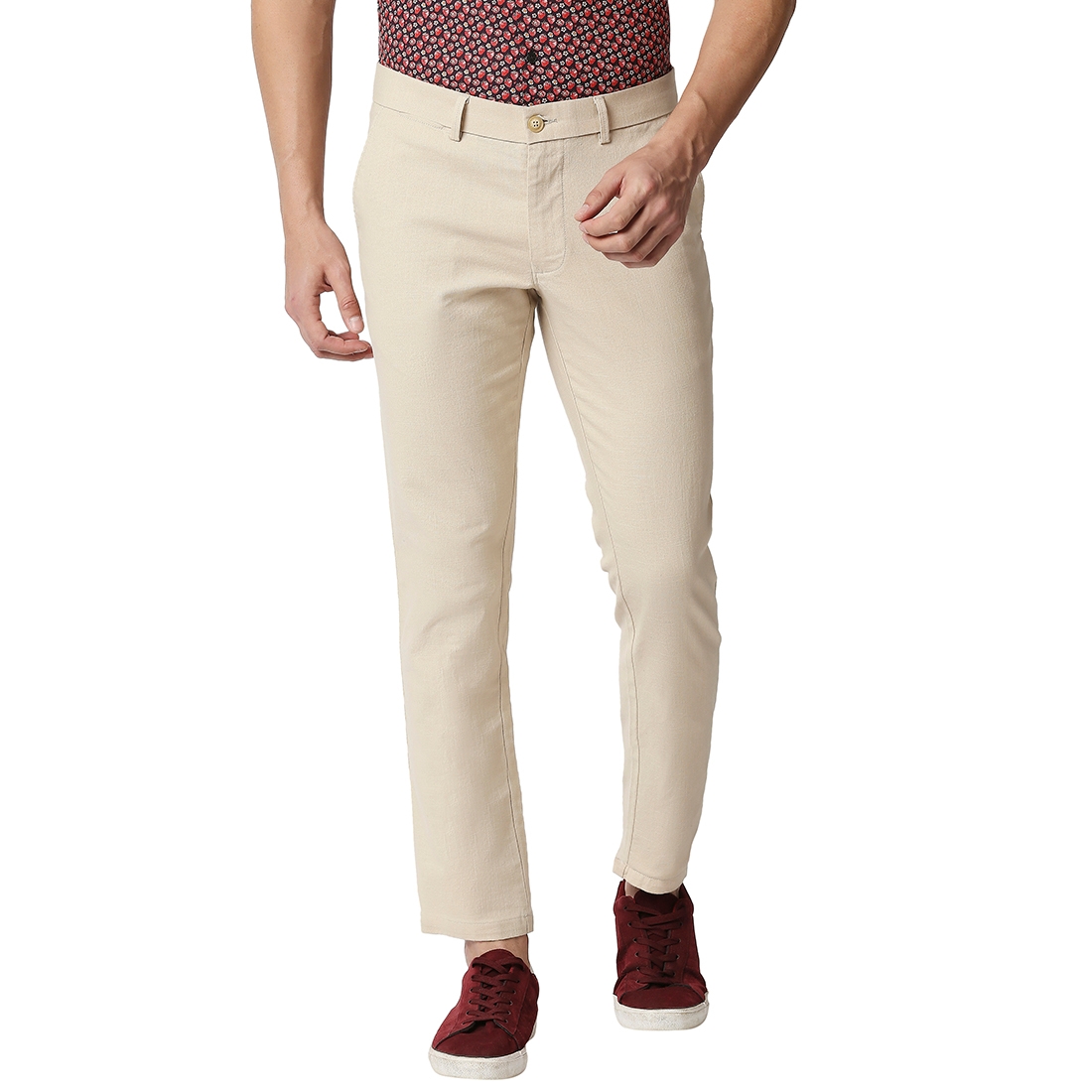 Basics | BASICS CASUAL PLAIN BEIGE COTTON STRETCH TAPERED TROUSERS 