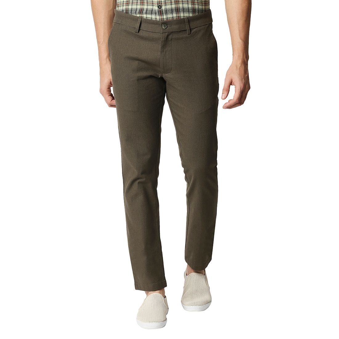 Basics | BASICS CASUAL PLAIN MID GREEN COTTON STRETCH TAPERED TROUSERS 