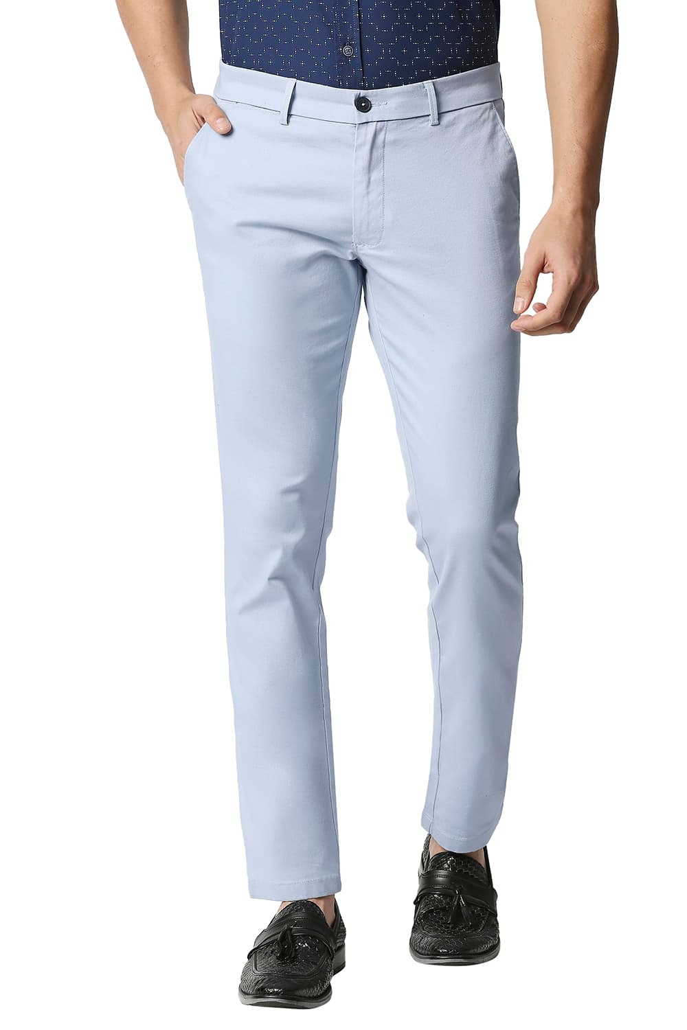 BASICS CASUAL SELF LIGHT BLUE COTTON STRETCH TAPERED TROUSERS 