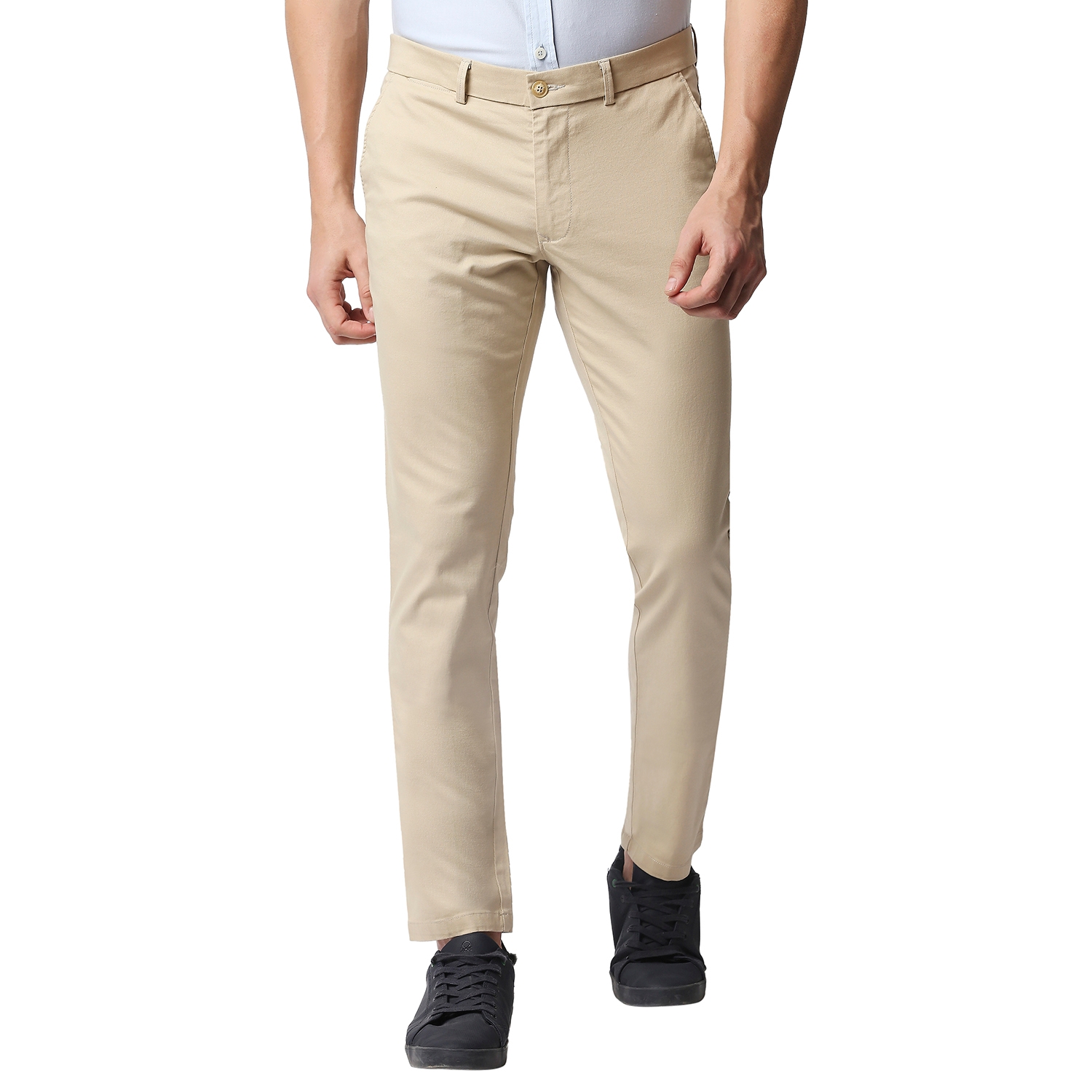 BASICS CASUAL SELF KHAKI COTTON STRETCH TAPERED TROUSERS 