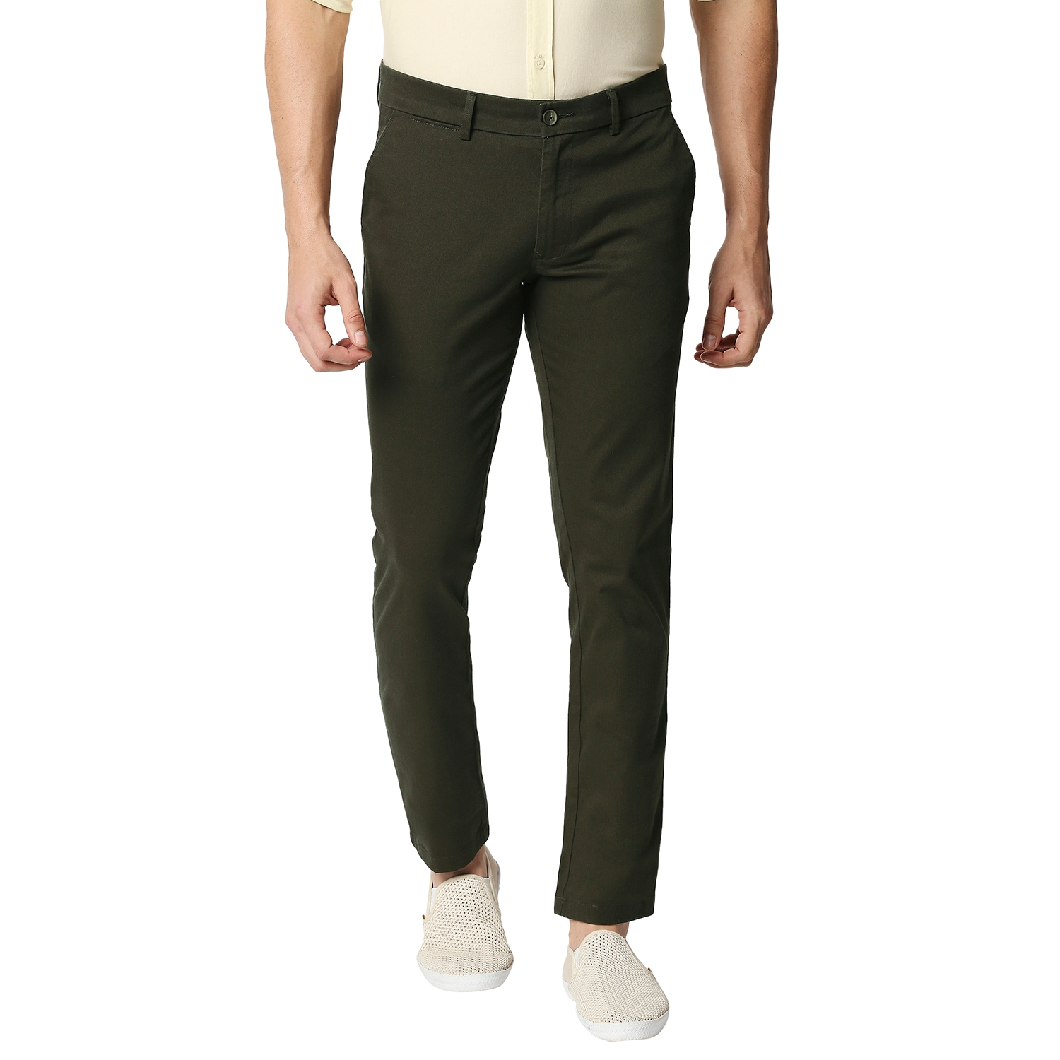 BASICS CASUAL SELF OLIVE COTTON STRETCH TAPERED TROUSERS 
