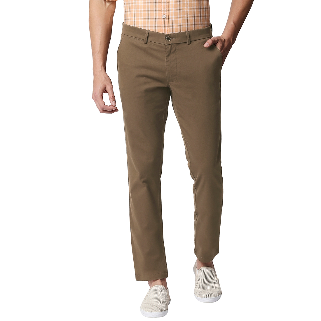 BASICS CASUAL PLAIN BROWN COTTON STRETCH TAPERED TROUSERS 