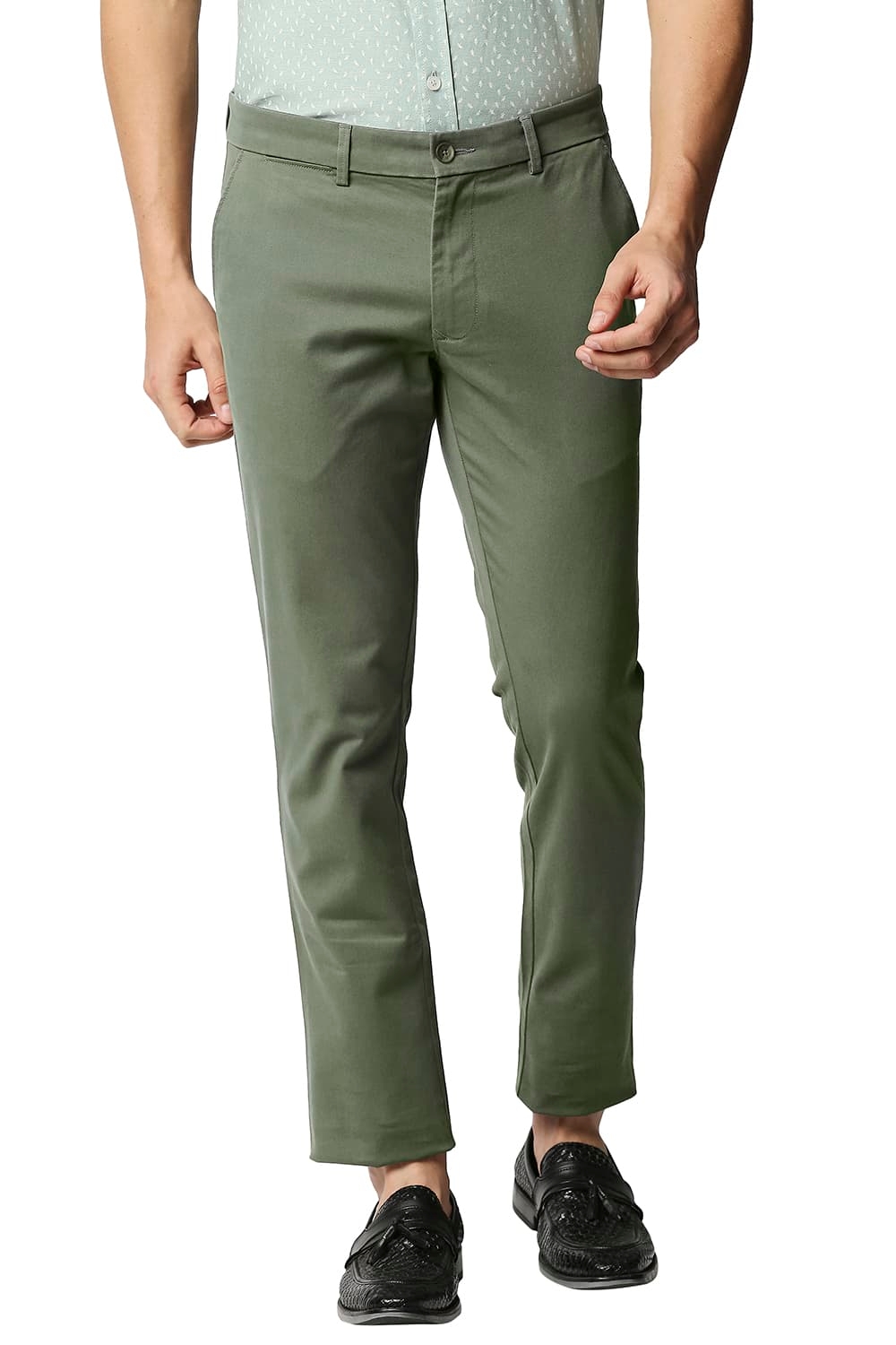 BASICS CASUAL PLAIN GREEN COTTON STRETCH TAPERED TROUSERS 