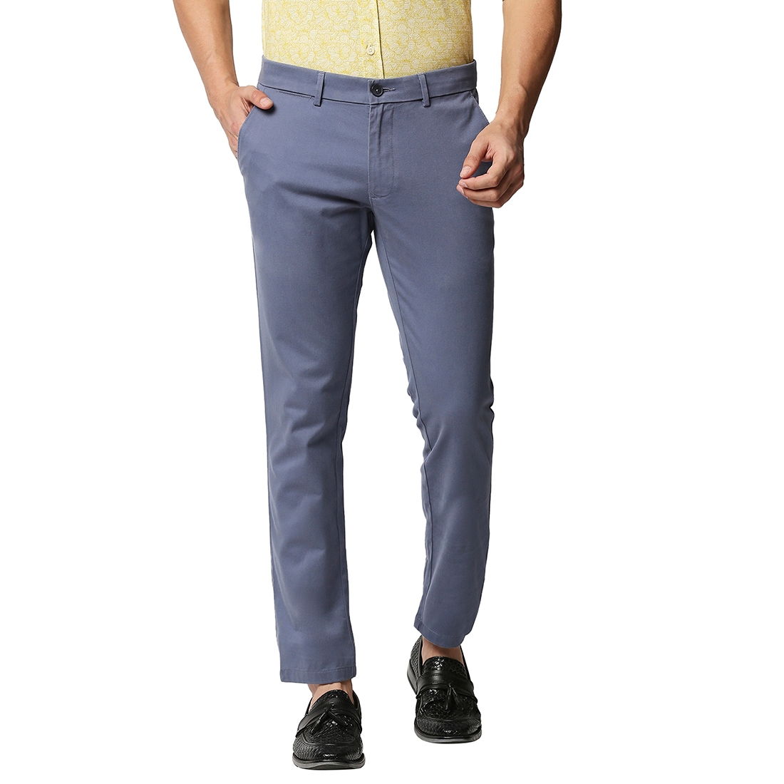 Men's Blue Cotton Blend Solid Trouser