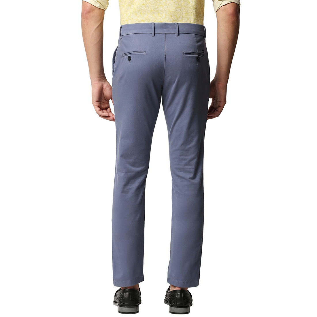 BASICS CASUAL PLAIN BLUE COTTON STRETCH TAPERED TROUSERS 
