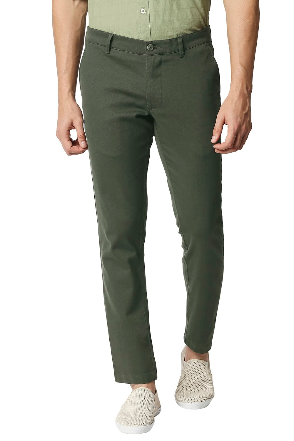 BASICS CASUAL SELF OLIVE COTTON STRETCH TAPERED TROUSERS 
