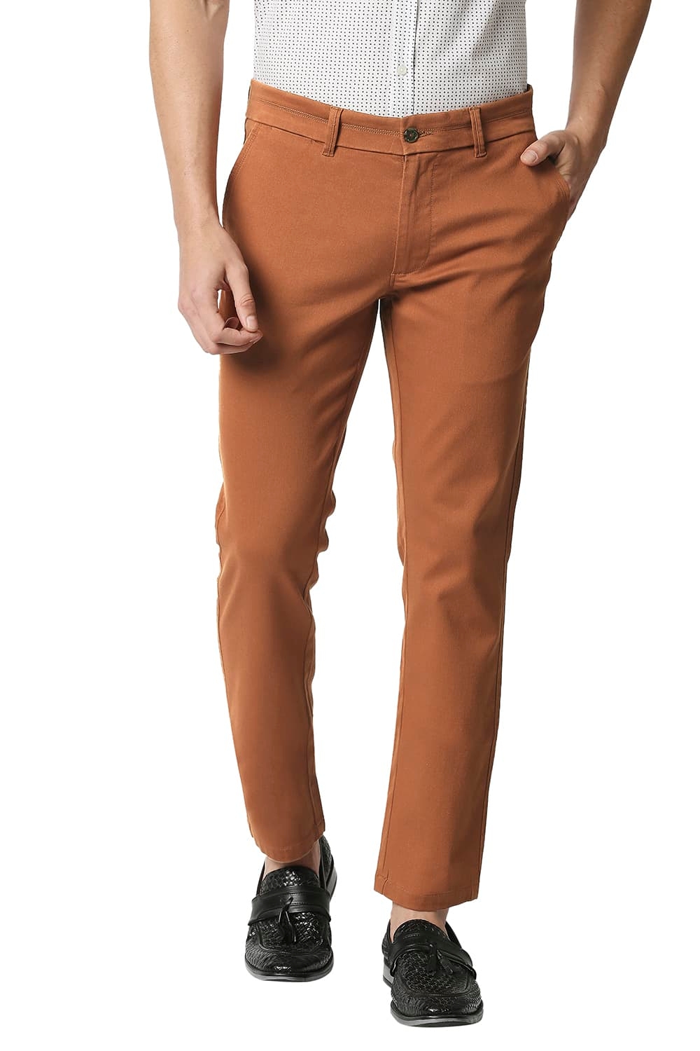 BASICS CASUAL SELF BRICK COTTON STRETCH TAPERED TROUSERS 