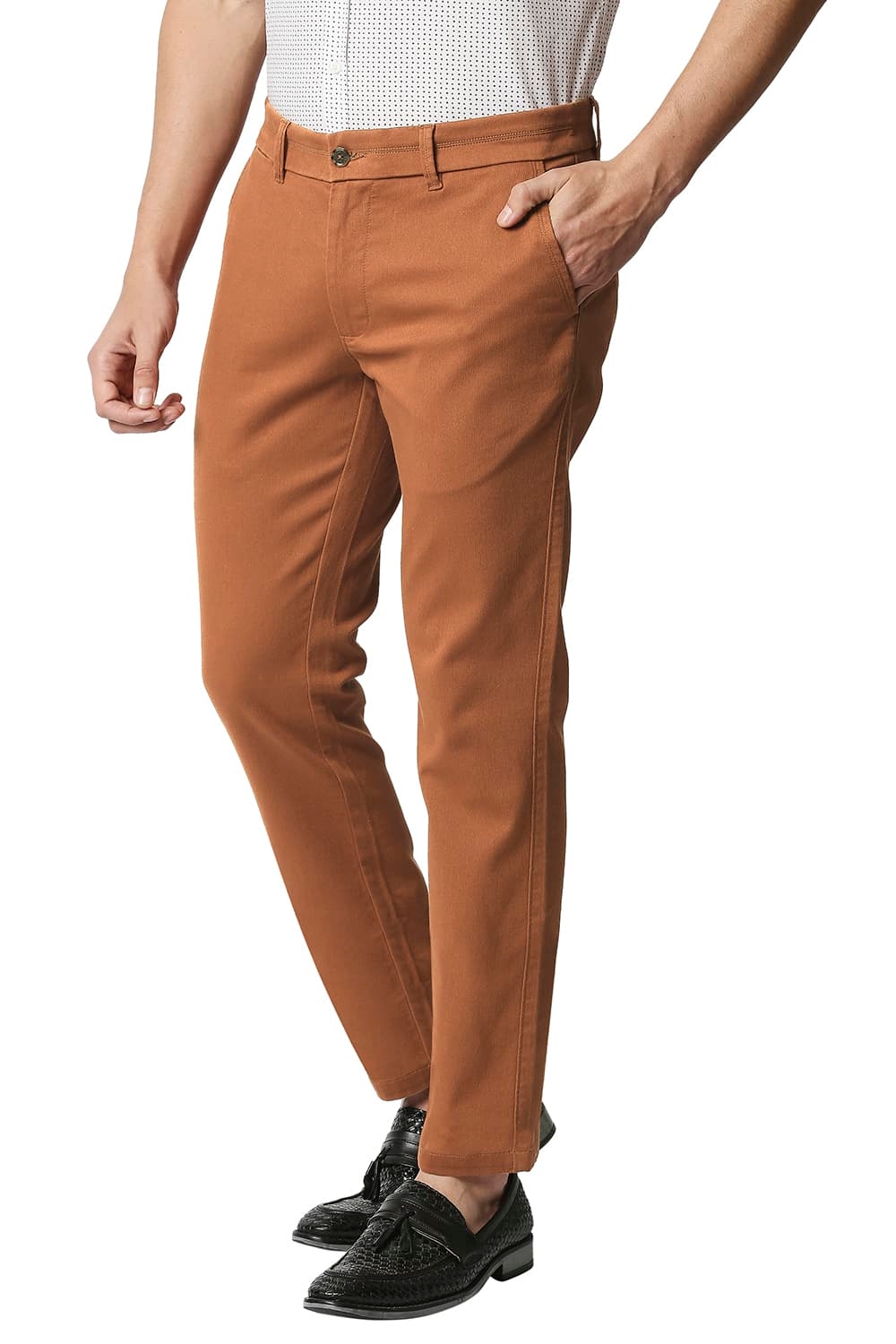 Men's Brick Cotton Blend Solid Trouser