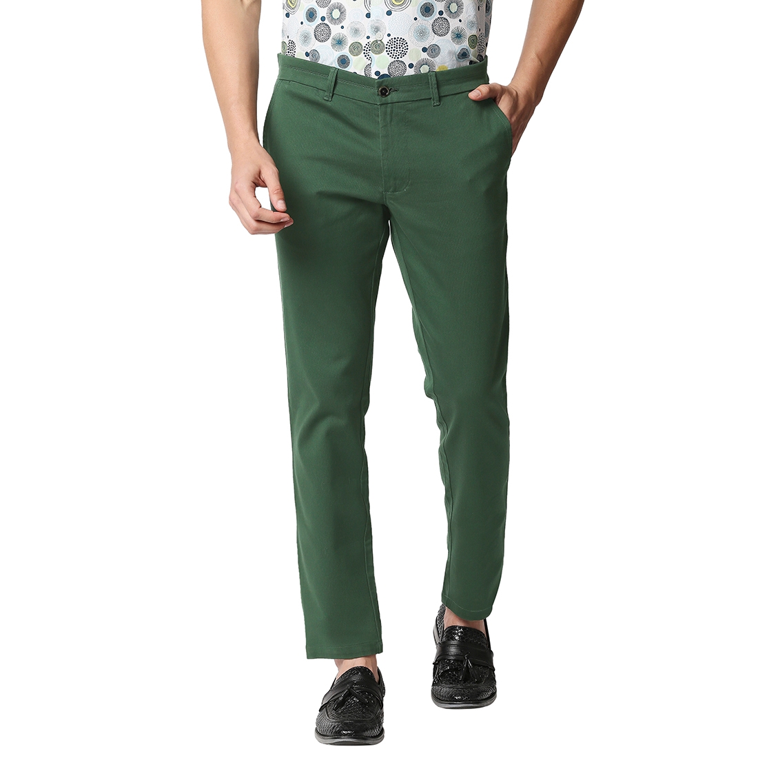 BASICS CASUAL SELF GREEN COTTON STRETCH TAPERED TROUSERS 