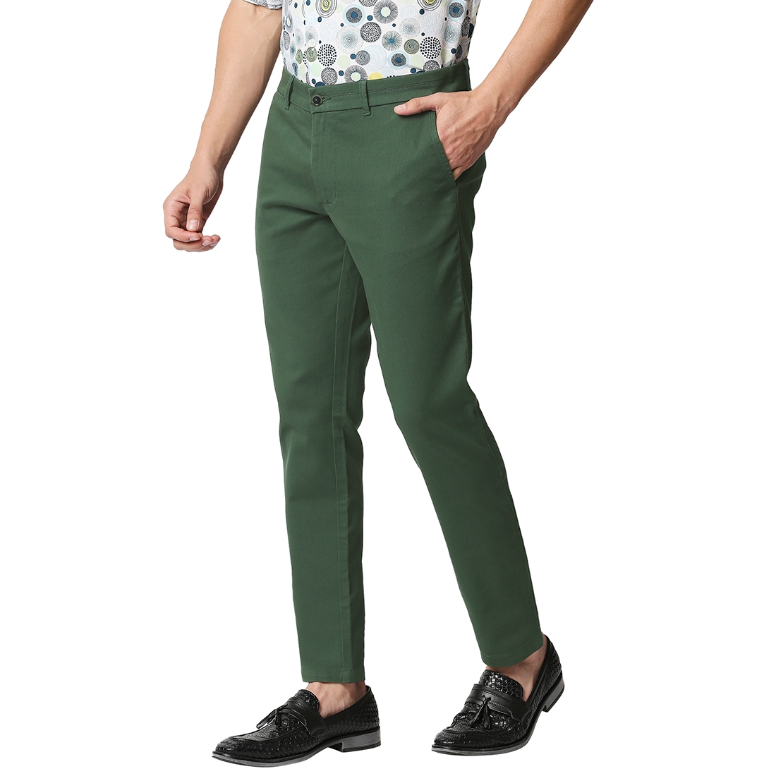 Men's Green Cotton Blend Solid Trouser