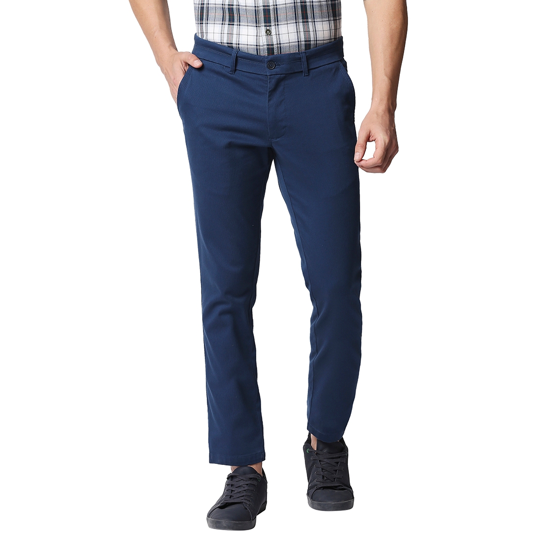 BASICS CASUAL SELF BLUE COTTON STRETCH TAPERED TROUSERS 