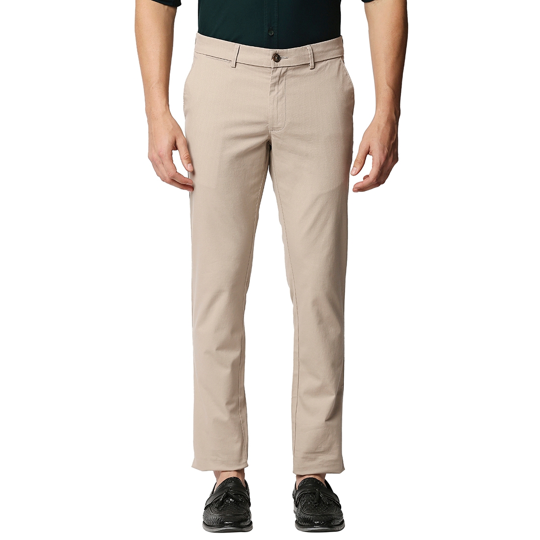 BASICS CASUAL SELF BEIGE COTTON STRETCH TAPERED TROUSERS 