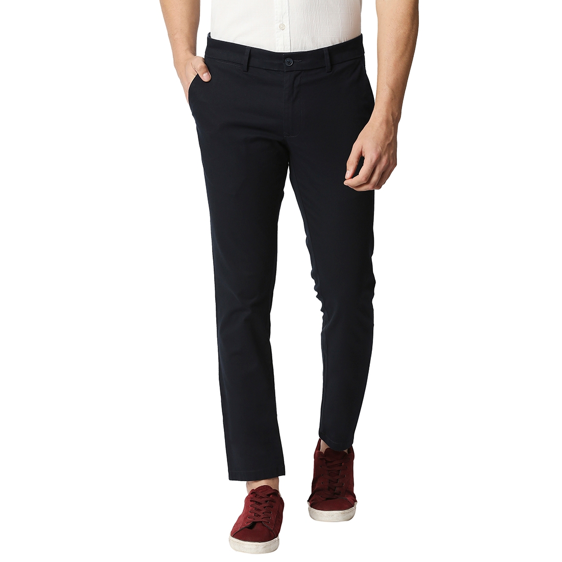 Basics | BASICS CASUAL SELF NAVY COTTON STRETCH TAPERED TROUSERS 