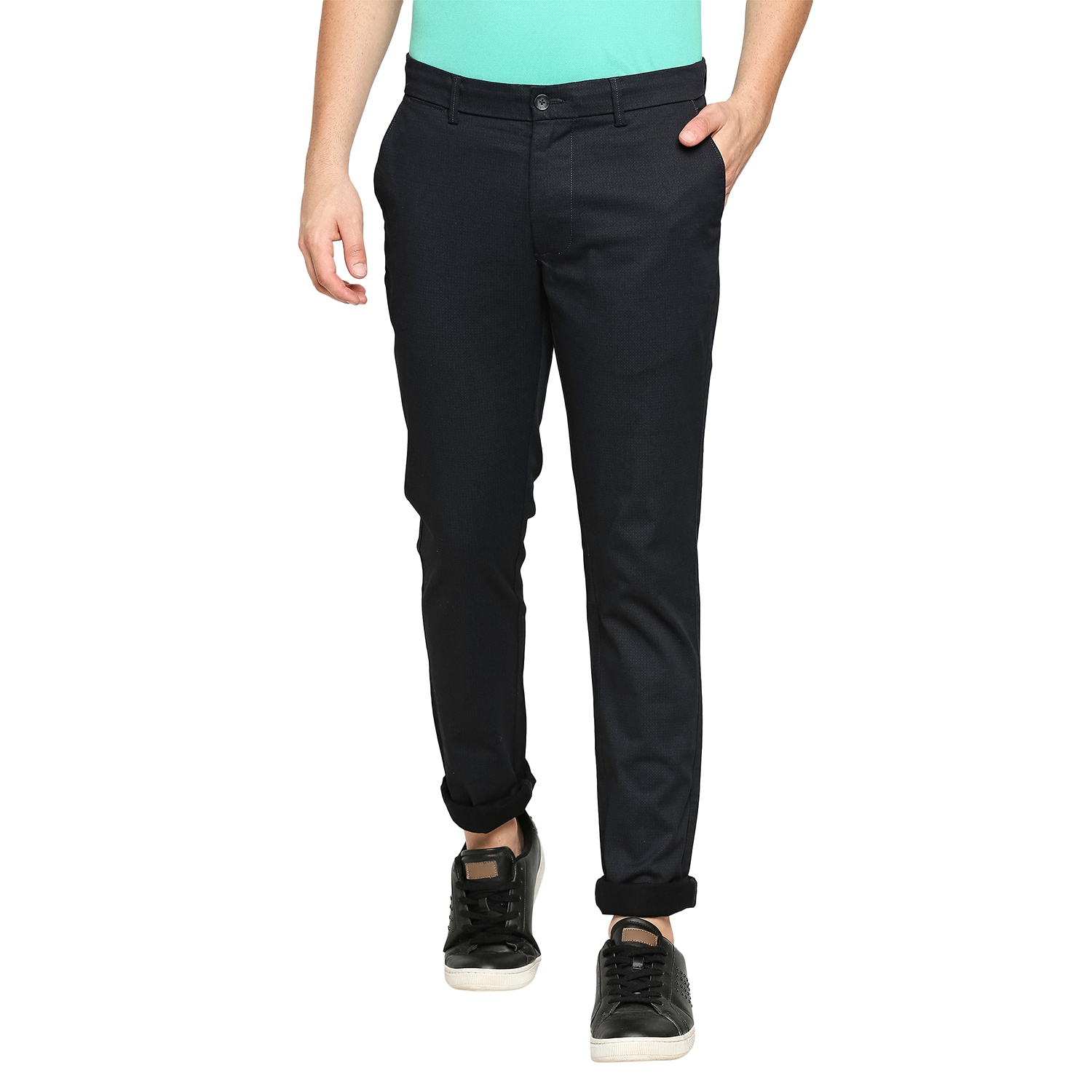 Basics | BASICS CASUAL PRINTED BLACK COTTON STRETCH TAPERED TROUSERS 