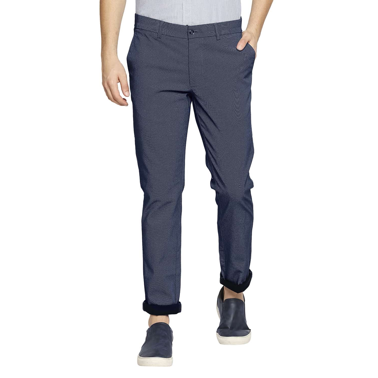 Basics | BASICS CASUAL PRINTED NAVY COTTON STRETCH TAPERED TROUSERS 