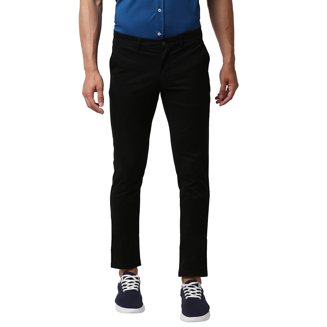 BASICS CASUAL PLAIN BLACK COTTON STRETCH TAPERED TROUSERS 