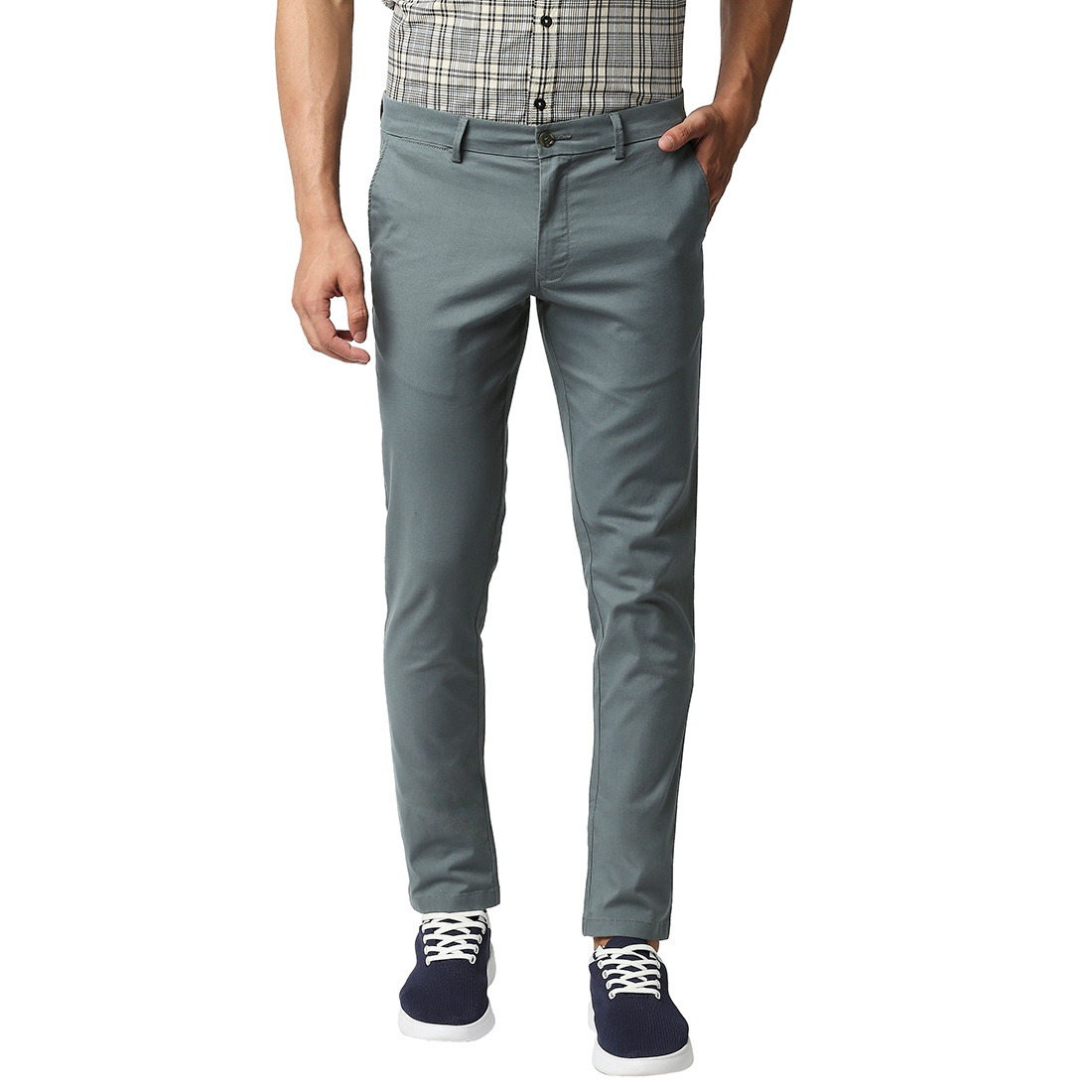 Basics | BASICS CASUAL SELF GREEN COTTON STRETCH TAPERED TROUSERS 