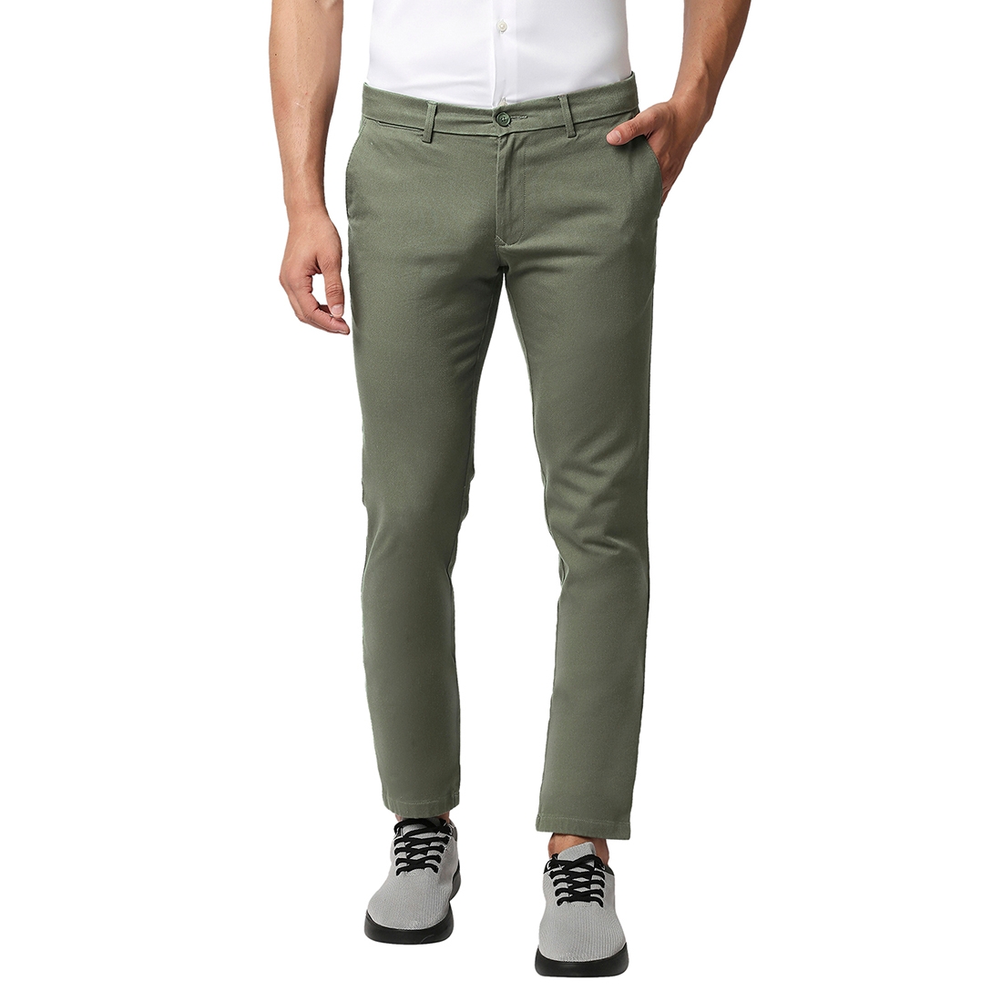 BASICS CASUAL SELF MID GREEN COTTON STRETCH TAPERED TROUSERS 