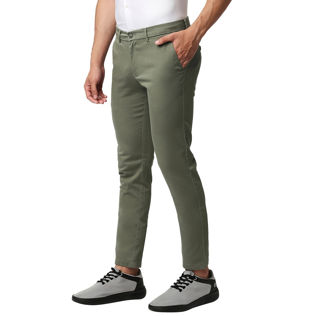 BASICS CASUAL SELF MID GREEN COTTON STRETCH TAPERED TROUSERS 