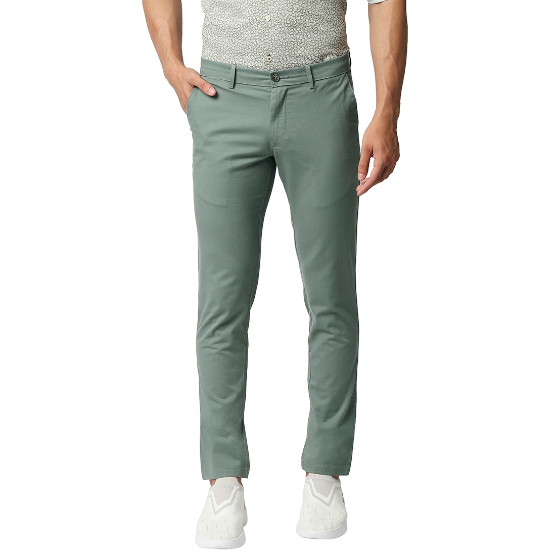 Basics | BASICS CASUAL SELF MID GREEN COTTON STRETCH TAPERED TROUSERS 