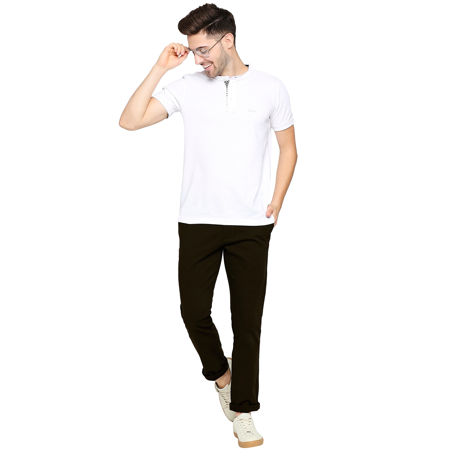 Basics | BASICS CASUAL PLAIN OLIVE COTTON STRETCH TAPERED TROUSERS  4