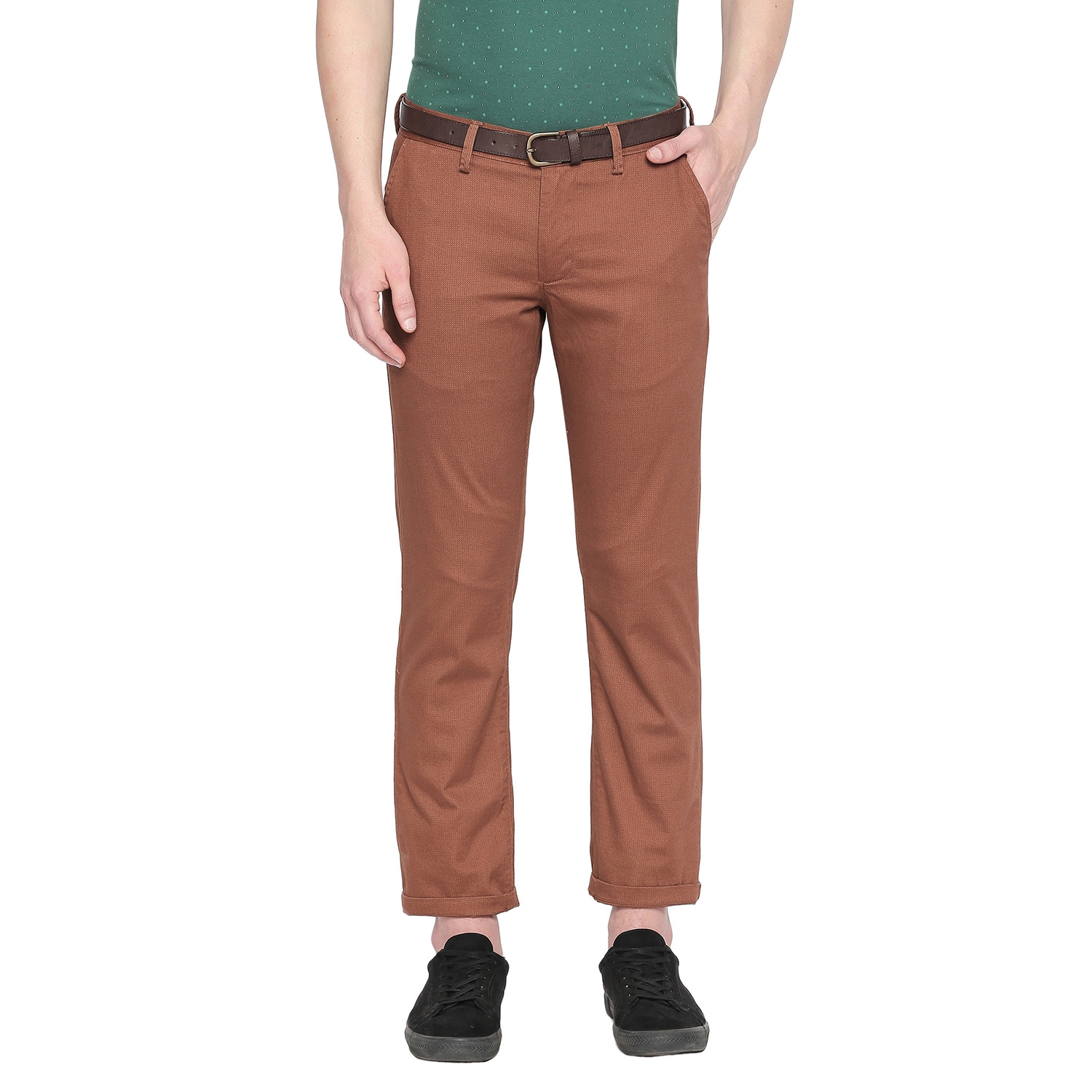 Basics | Basics Slim Fit Caramel Cafe Printed Stretch Trouser with Belt