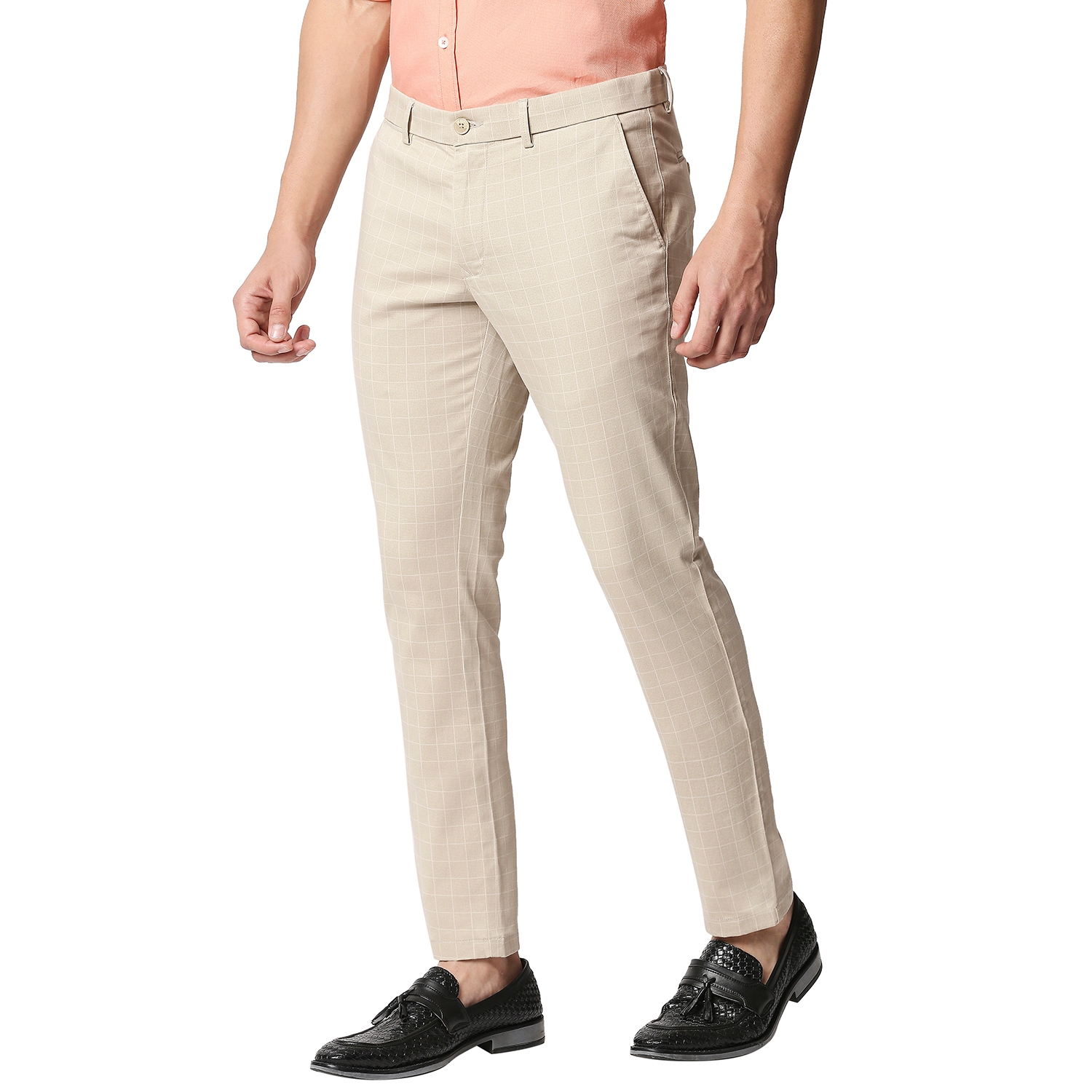 Men's Ecru Cotton Blend Checked Trouser
