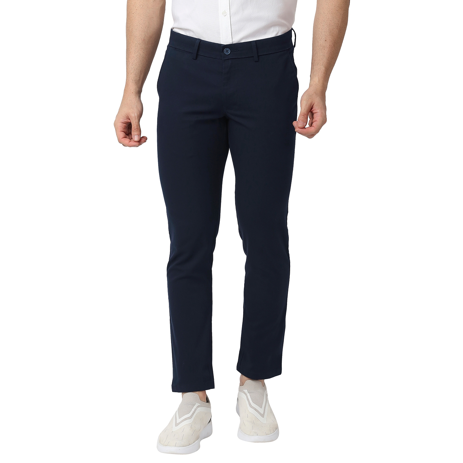 BASICS CASUAL SELF NAVY COTTON STRETCH TAPERED TROUSERS 