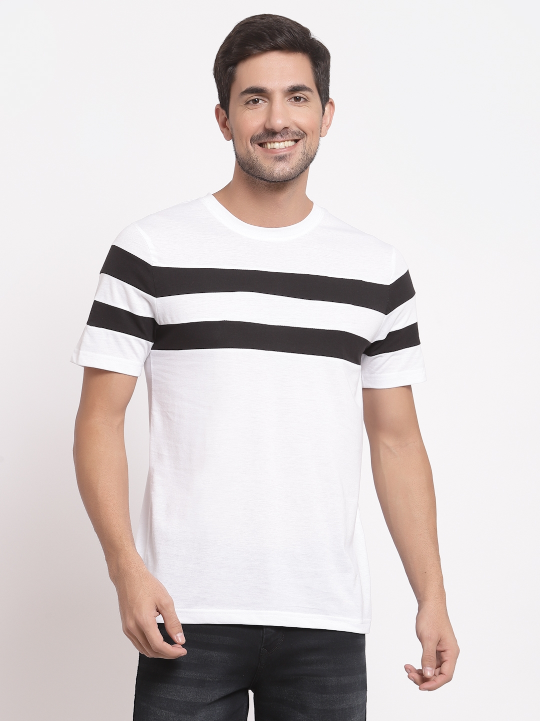 HEATHEX Cotton Blend Striped Half Sleeve White T-Shirt for Men