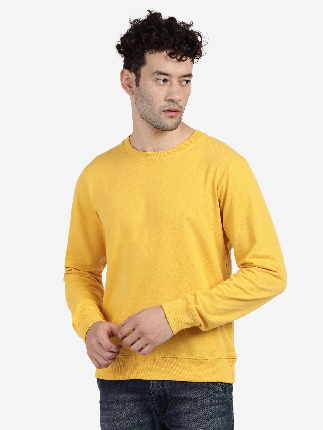 BLACK RADIO Men's Round Neck Solid Yellow Sweatshirt