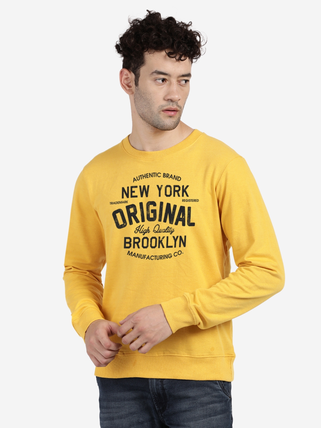 BLACK RADIO Men's Round Neck Printed Yellow Sweatshirt
