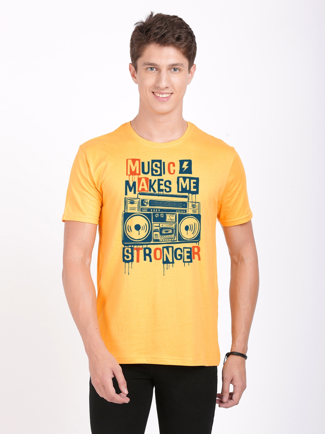 BLACK RADIO Men's Slim Fit Printed Yellow T shirt