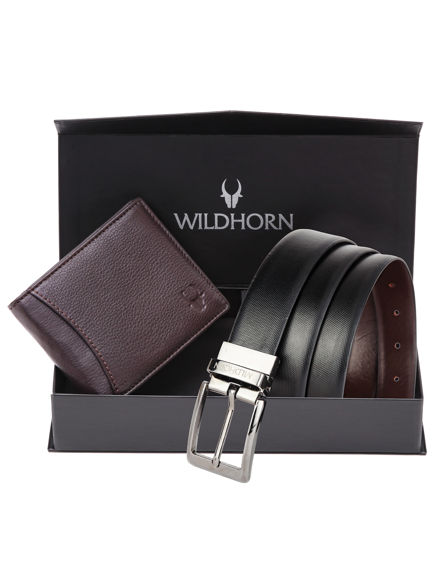 WildHorn | WildHorn Formal Black Reversible Leather Belt & Maroon Wallet Combo Gift Hamper for Men