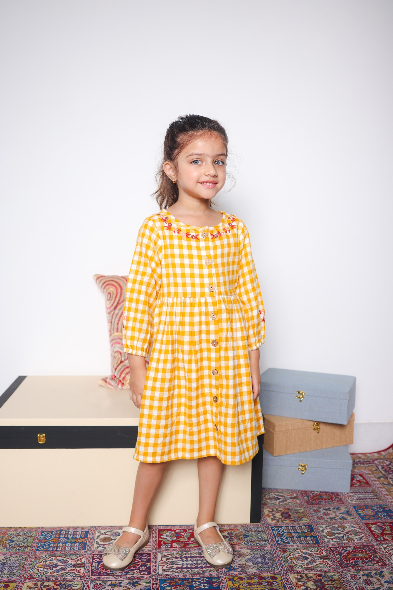 Budding Bees | Budding Bees Girls Cotton Check Embroidered Dress-Yellow