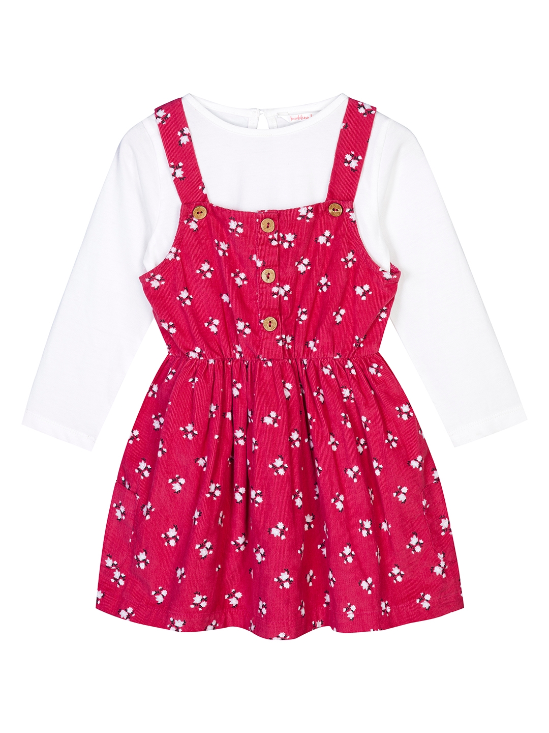 Budding Bees Girls Corudroy Printed Dungaree Dress with T-Shirt Set-Red