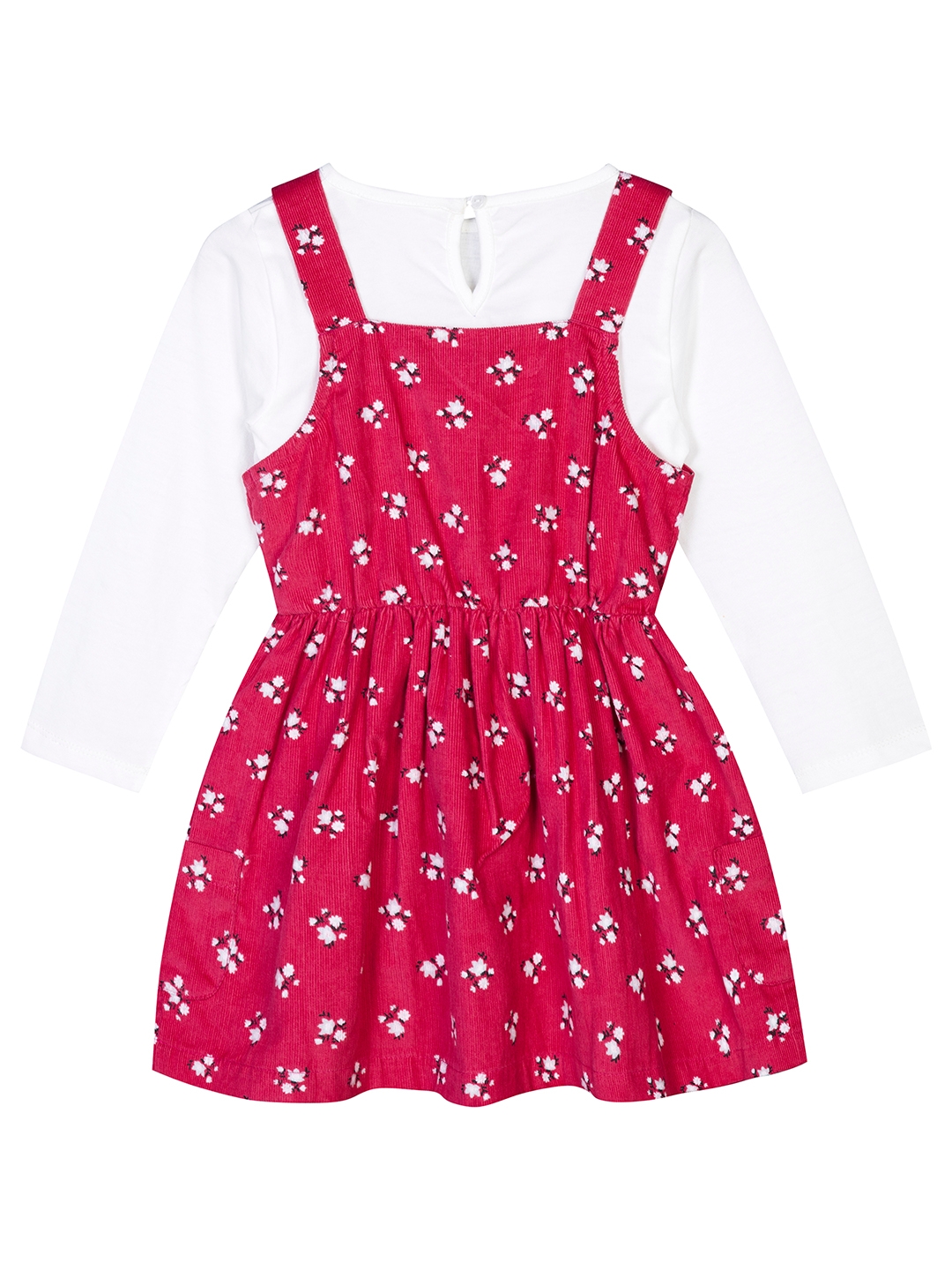 Budding Bees Girls Corudroy Printed Dungaree Dress with T-Shirt Set-Red