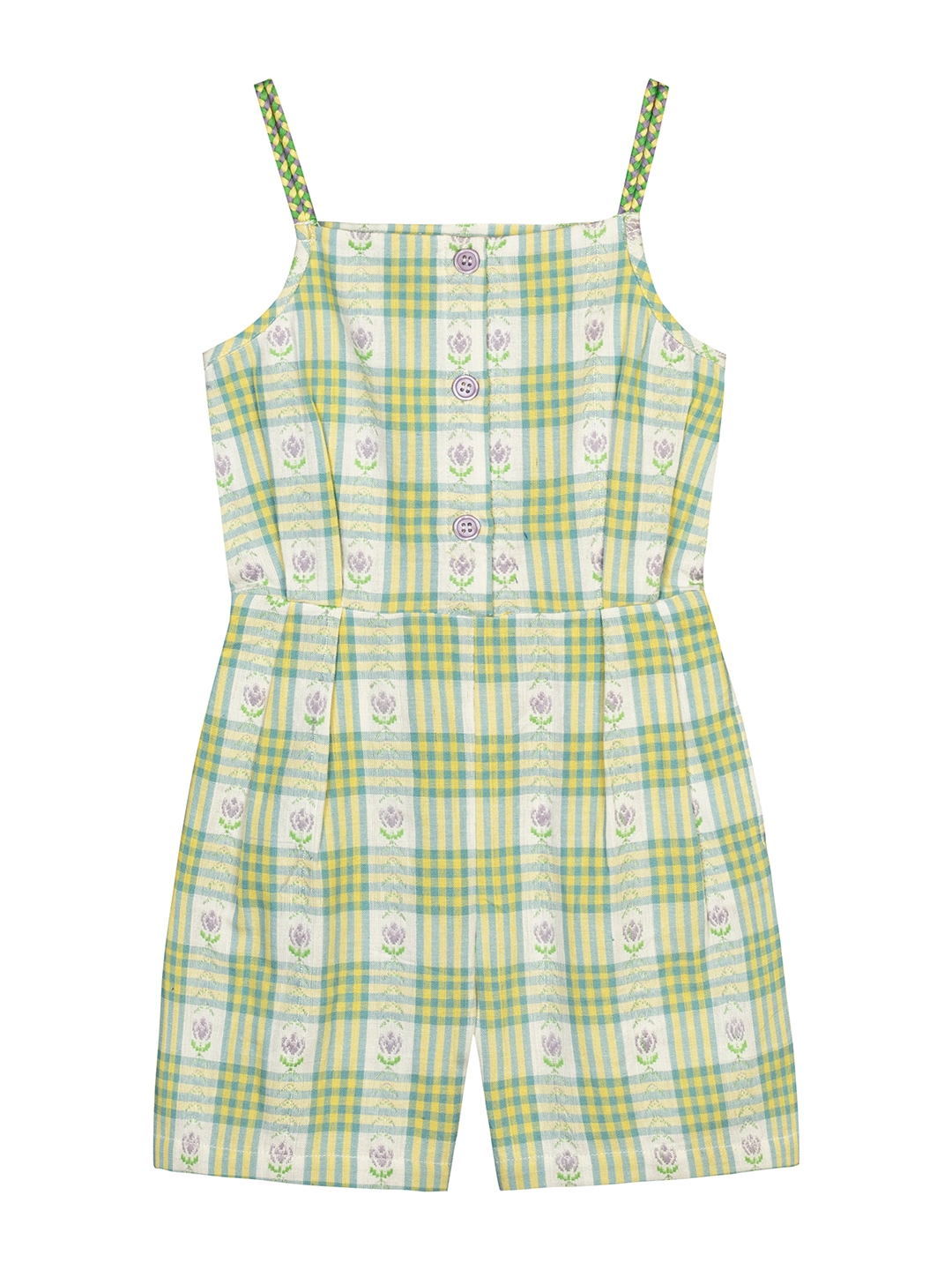Budding Bees Girls Green Check  Playsuit