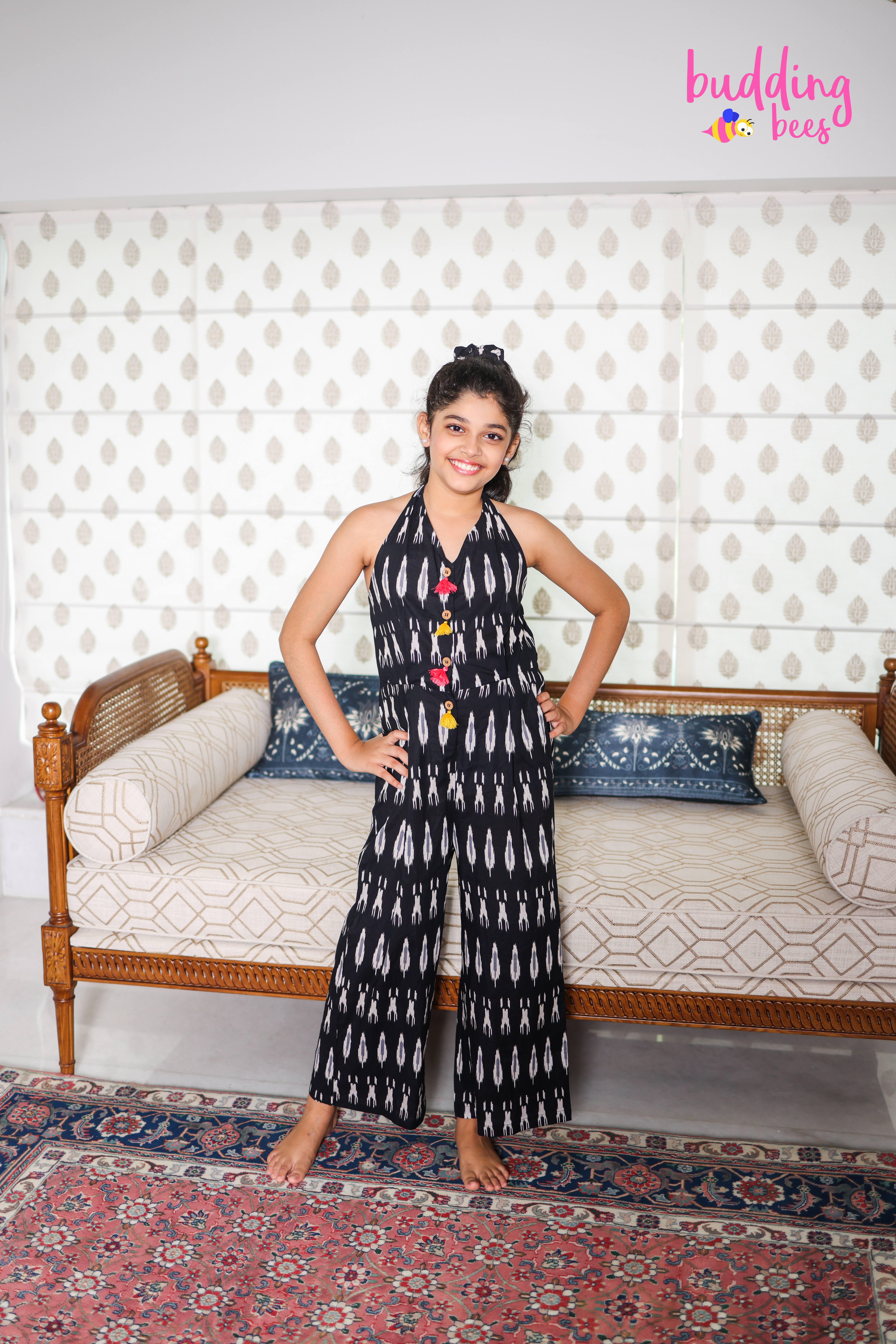 Budding Bees | Budding Bees Girls Black Ikat Printed Jumpsuit With Matching Scrunchie