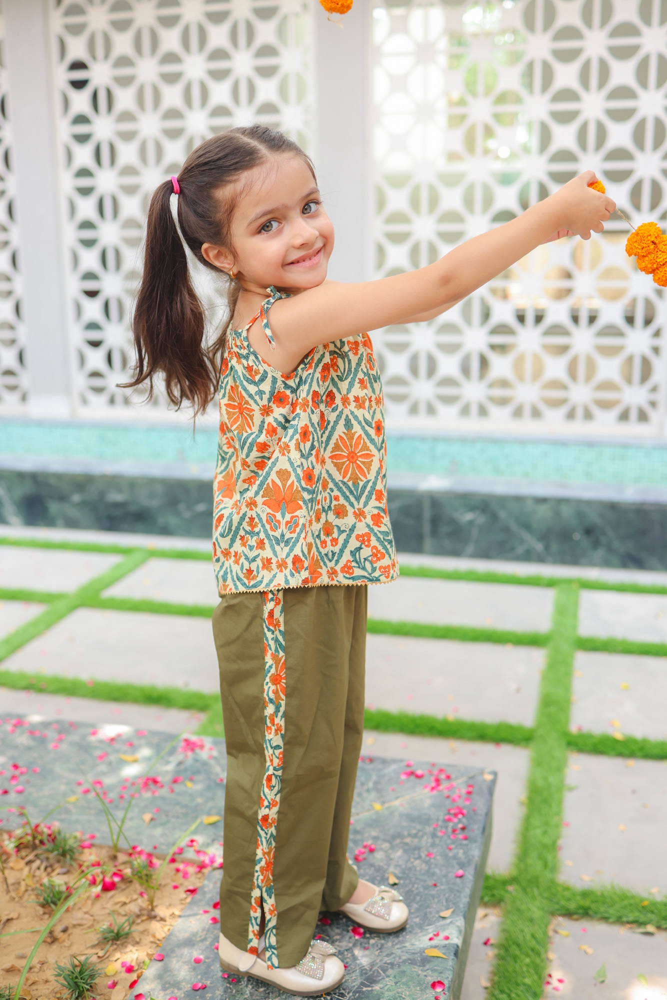 Budding Bees | Budding Bees Girls Foral Top-With Pant Set-Green