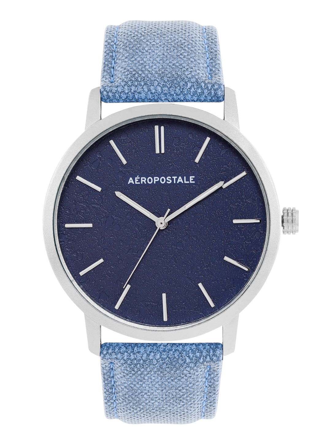 Aeropostale "AERO_AW_A41_BLU" Classic Men’s Analog Quartz Wrist Watch, Metal Alloy Silver case, Classic Navy Blue Dial with contrasting silver hand,  Blue wrist Band Water resistant 3.0 ATM