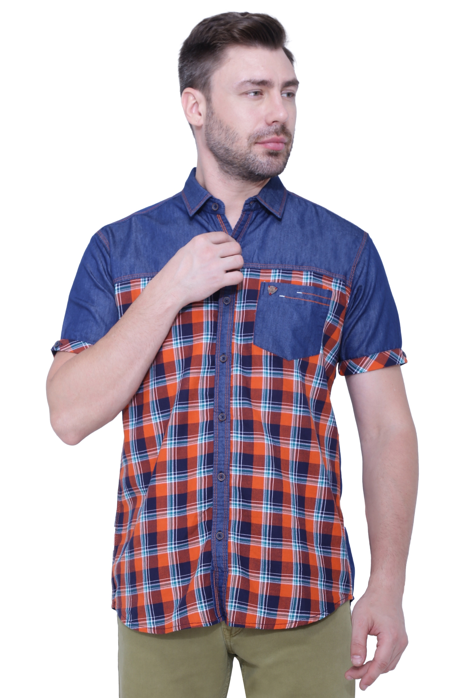 Kuons Avenue Men's Denim Checks Half Sleeves Shirt-KACLHS1205P