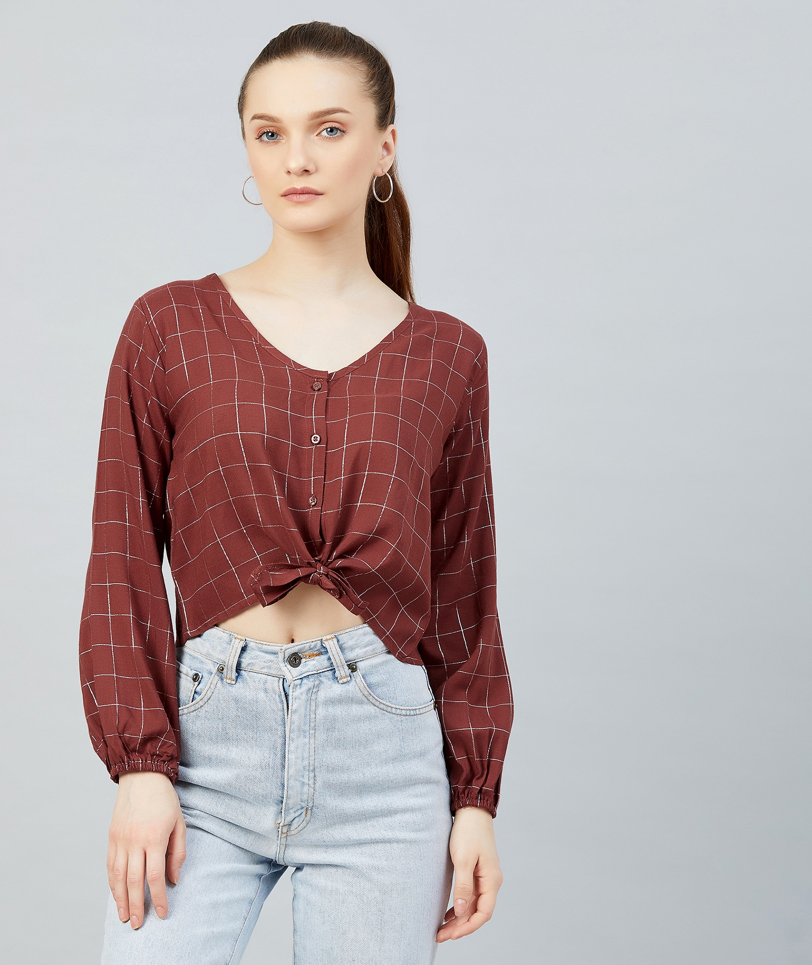 CHIMPAAANZEE | Chimpaaanzee Women Maroon Checkered Viscose Knotted Top