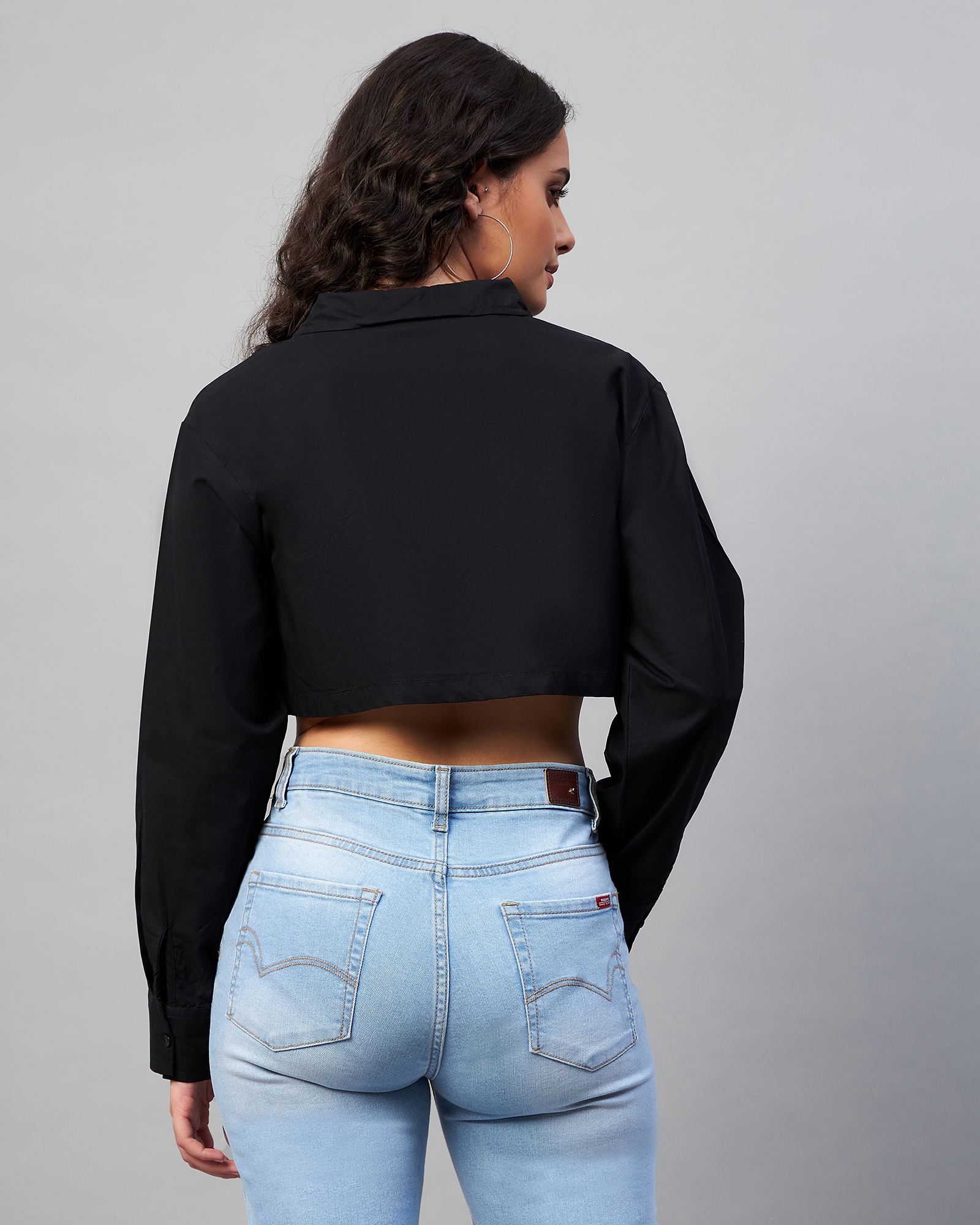 Chimpaaanzee Women Cotton Black Solid Fully Cropped Shirt