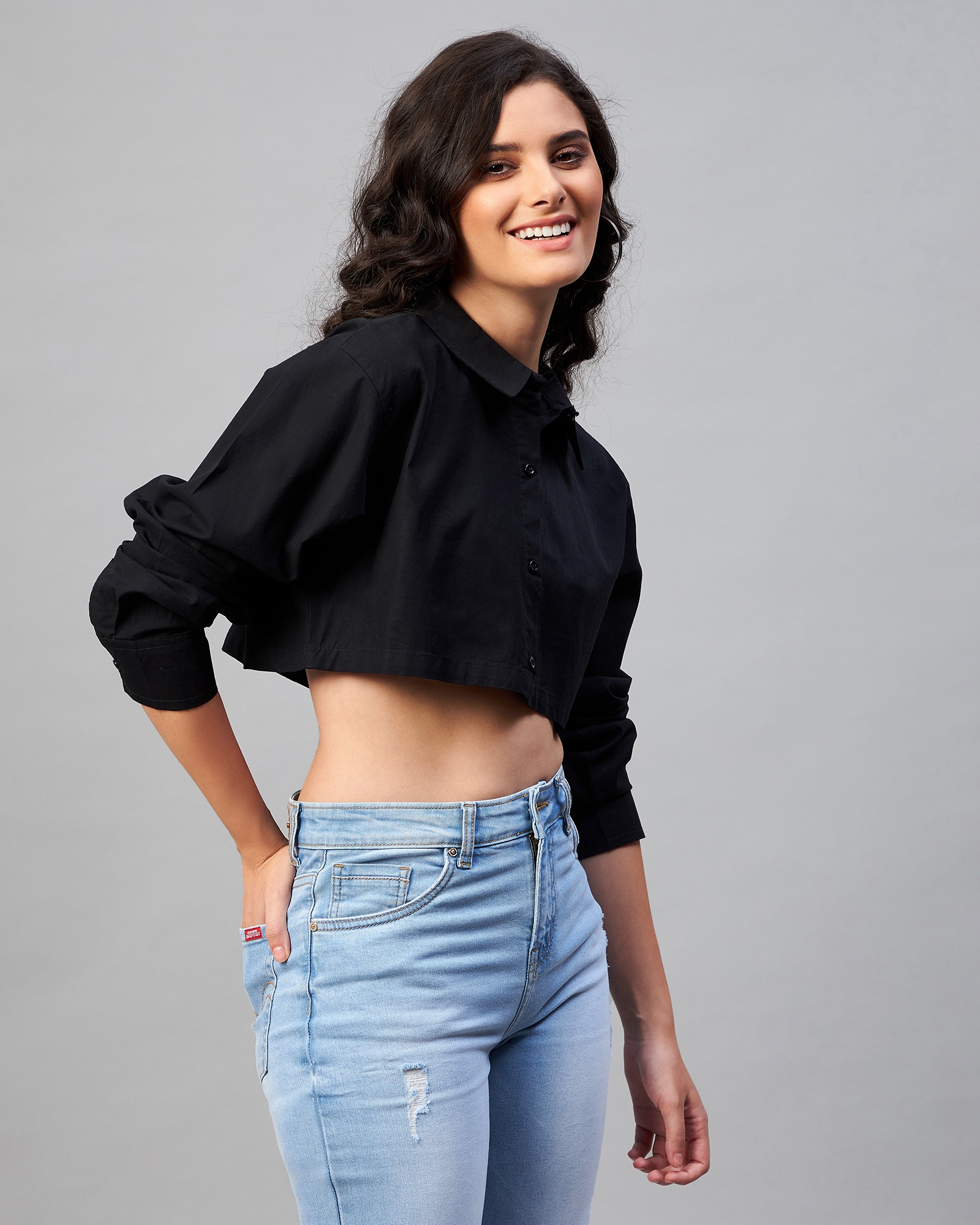 Chimpaaanzee Women Cotton Black Solid Fully Cropped Shirt