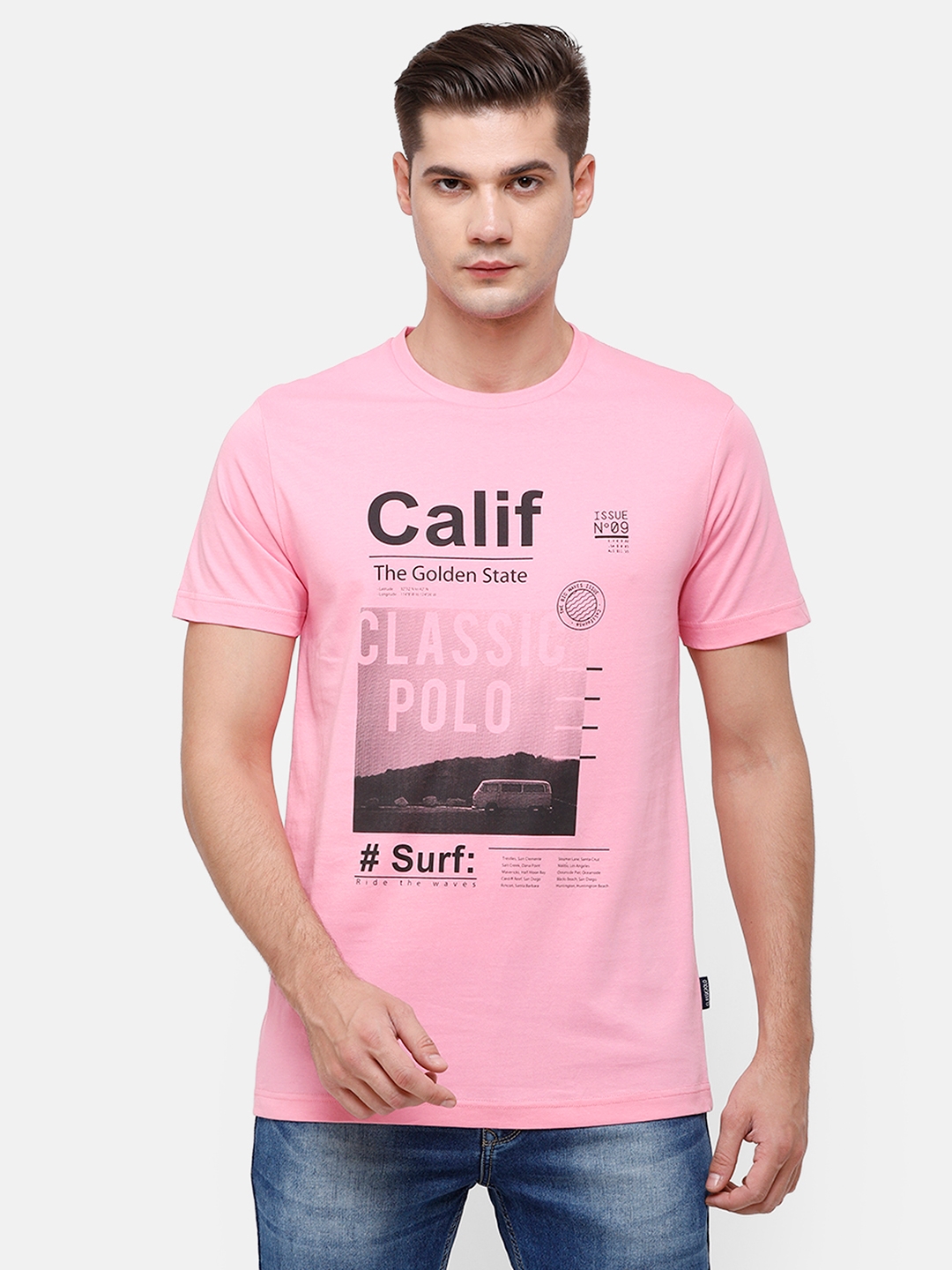 Classic Polo | Classic Polo Mens Half Sleeve Solid Single Jersy Crew Neck Anthra Melange & Pink T-Shirt (IRIS - 05 SF C)