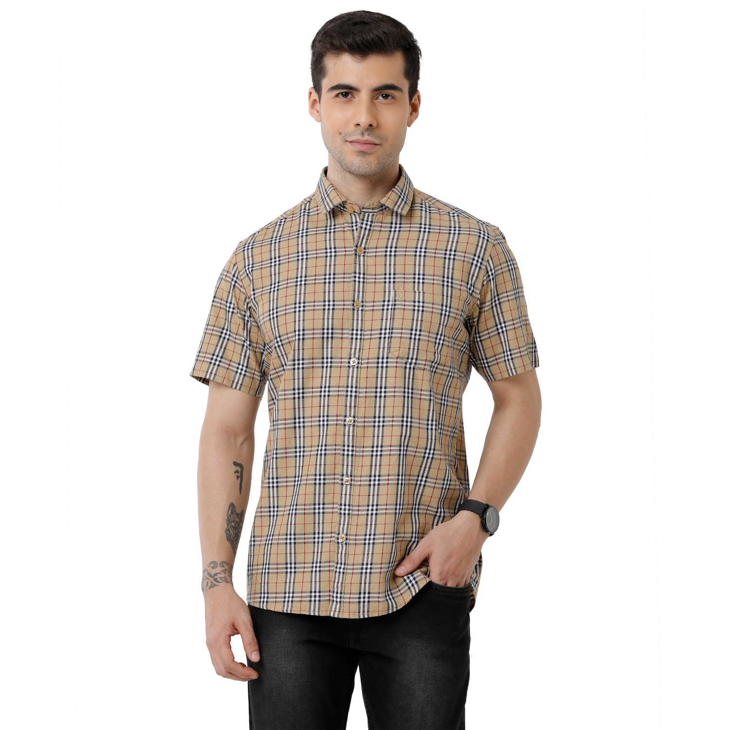 Classic Polo | Classic Polo Mens 100% Cotton Checked Slim Fit Half Sleeve Brown Color Shirt (SN1-121 B-HS-CHK-SF)