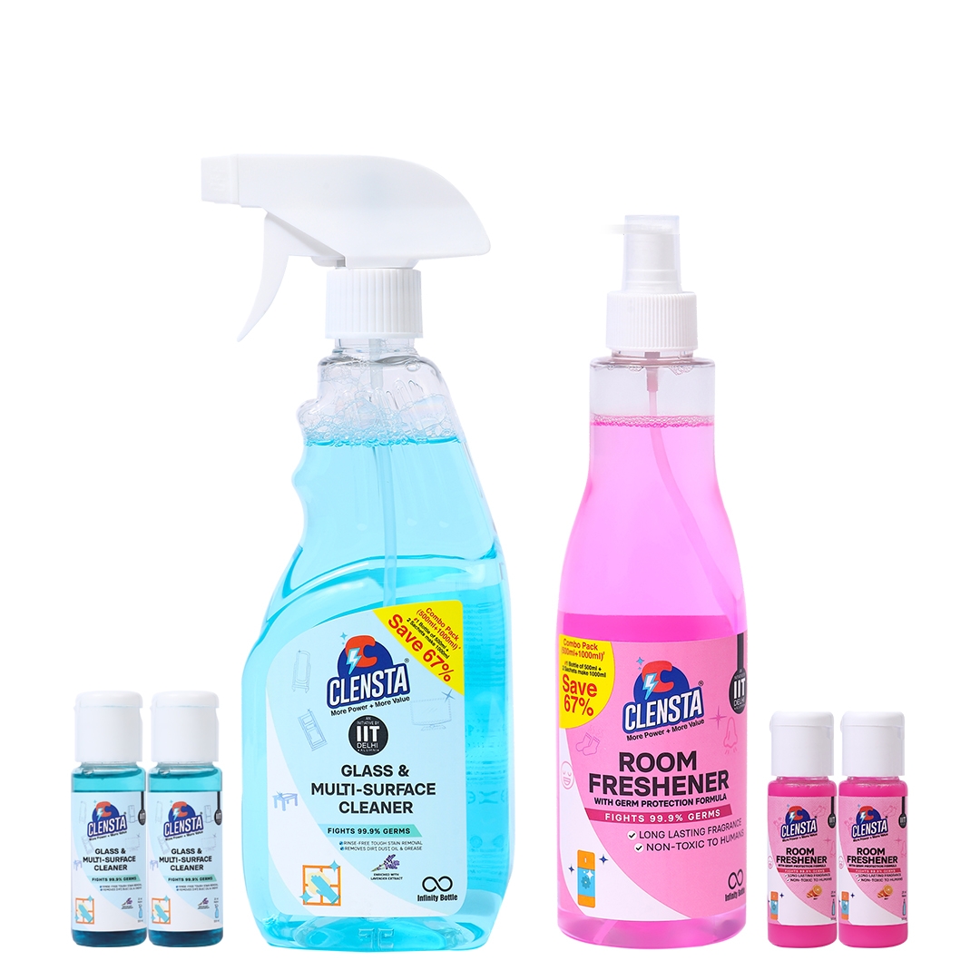 Clensta | Clensta Clean & Fresh Combo | Glass & Multi-surface Cleaner (Total 1500ml) & Room Freshner (Total 1500ml) | With 2 Concentrates Each
