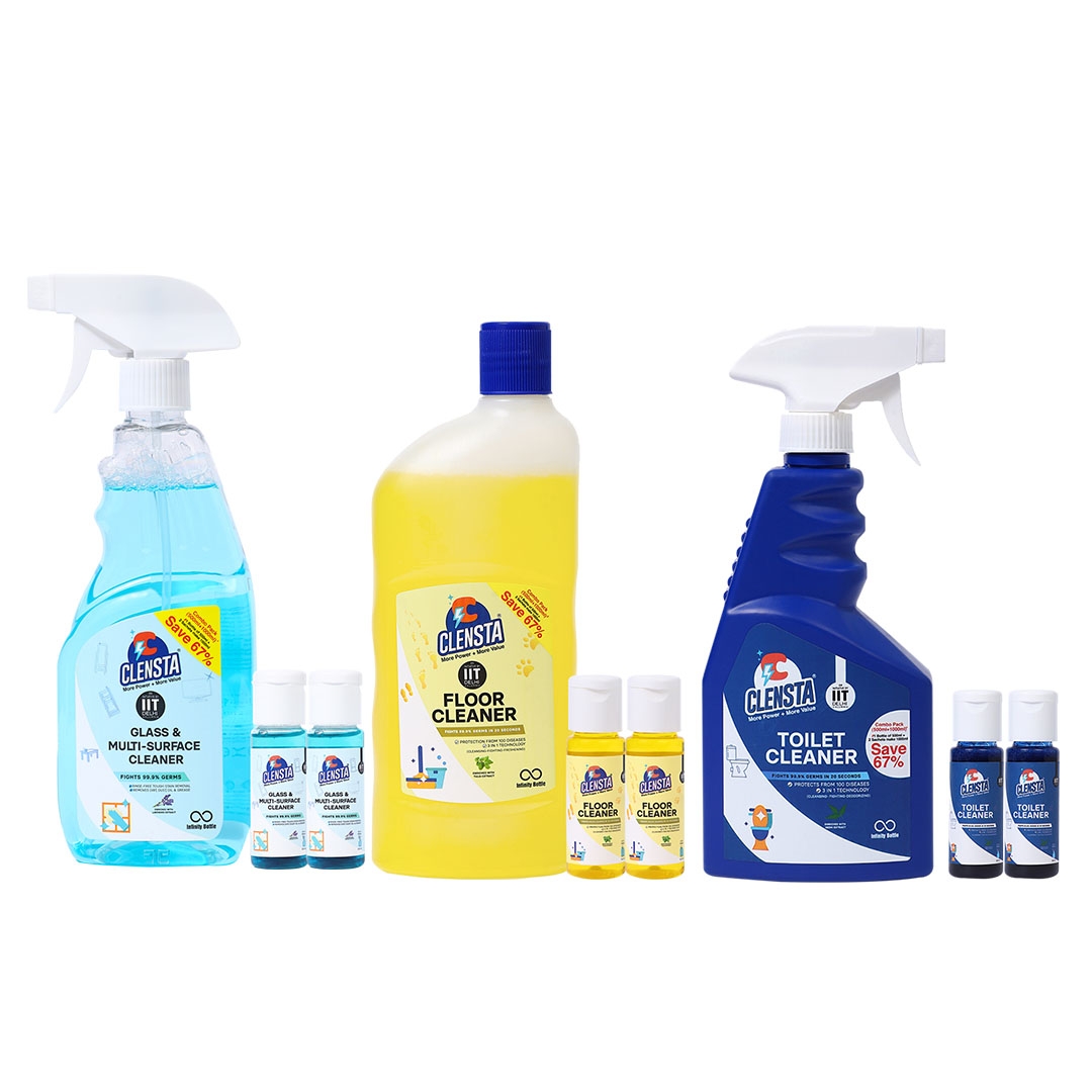 Clensta | Clensta Clensta Toilet Care Kit | Toilet Cleaner (1500ml) | Floor Cleaner (Total 1500ml) | Glass & Multi-surface Cleaner (1500ml) | With 2 Concentrates Each