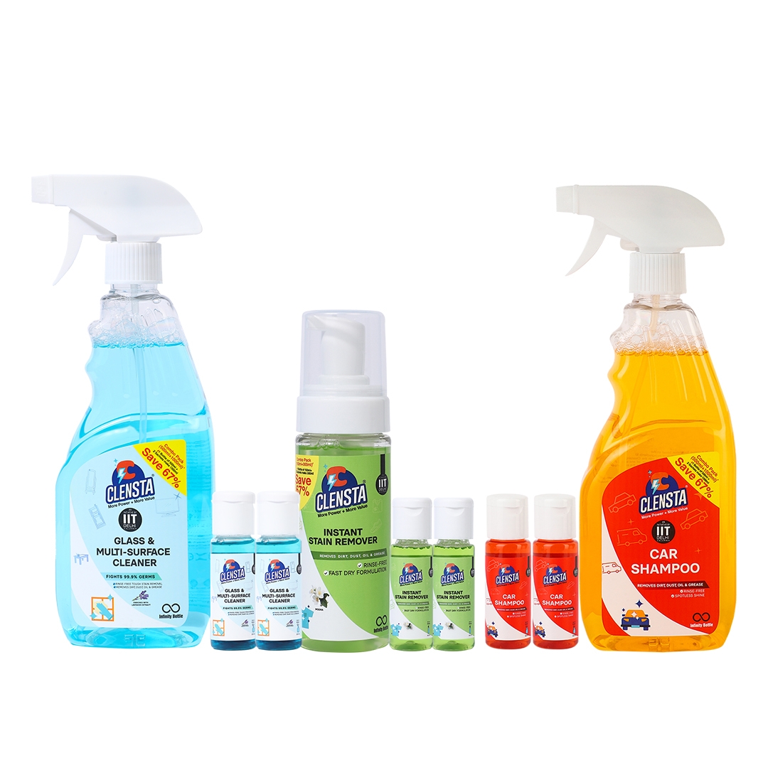 Clensta | Clensta Clensta Car Care Kit 1 | Car Shampoo (Total 1500ml) | Instant Stain Remover (Total 450ml) + Glass & Multi-surface Cleaner (Total 1500ml) | With 2 Concentrates Each