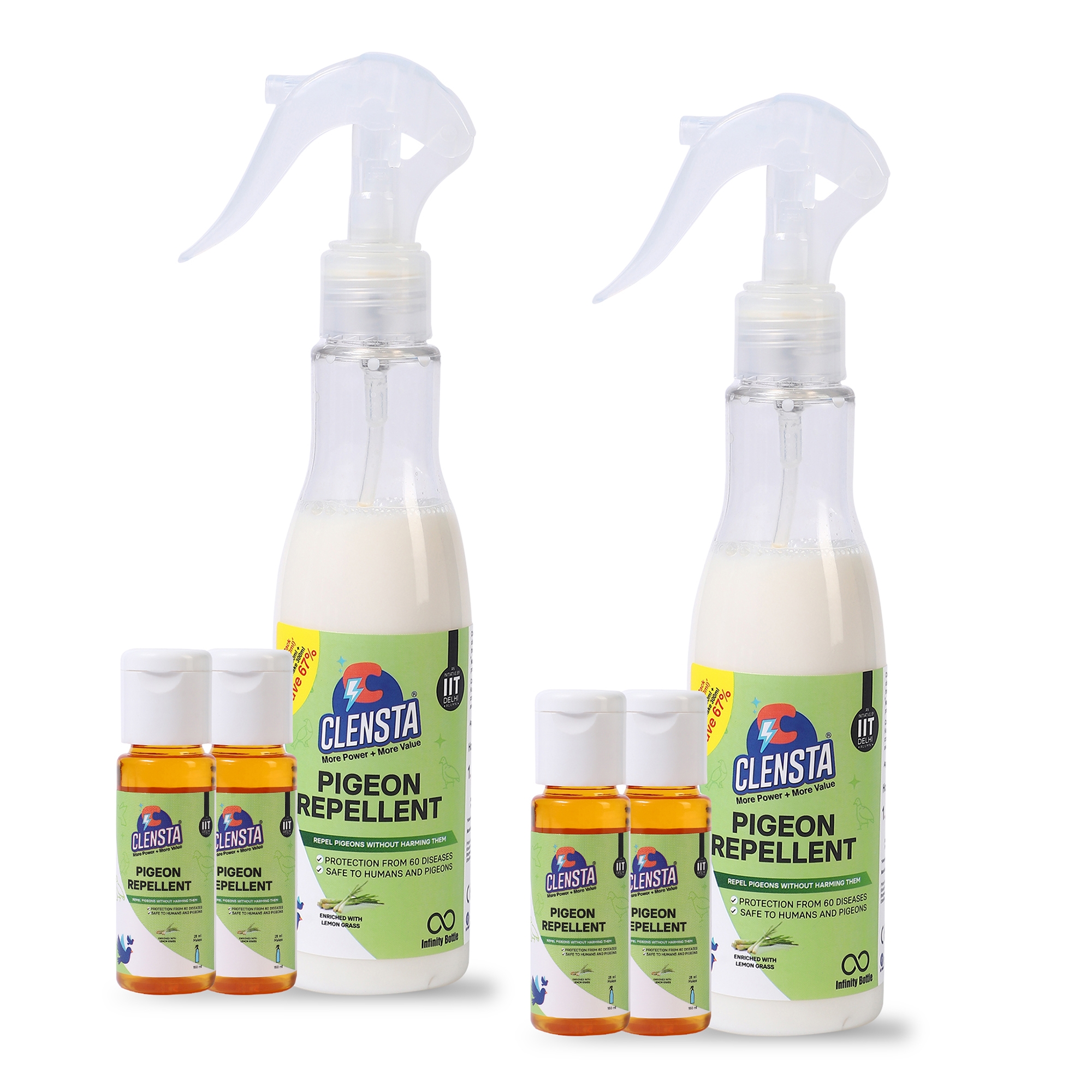 Clensta | Clensta Pigeon Repellent Spray | Harmless for Pigeon | Get Positive Results in 10 days | 1 Bottle (150 ml) & 2 Concentrates (Makes 300 ml) | Pack of 2